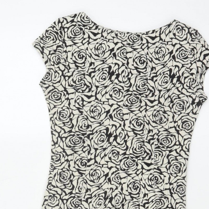 Dorothy Perkins Women Black Ivory UK 6 Bodycon Knee Dress Floral Cap Sleeve