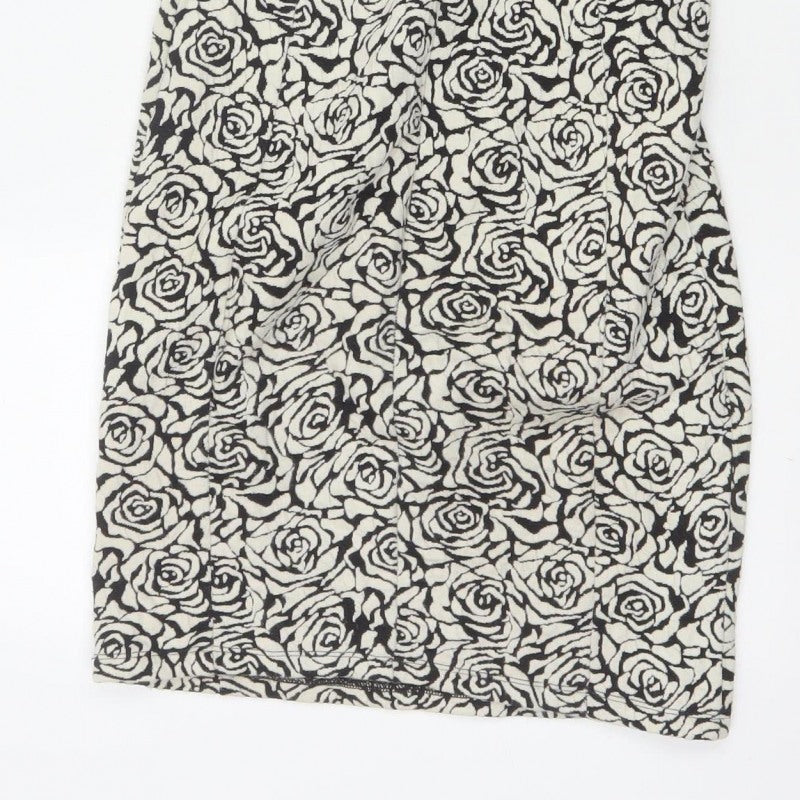 Dorothy Perkins Women Black Ivory UK 6 Bodycon Knee Dress Floral Cap Sleeve