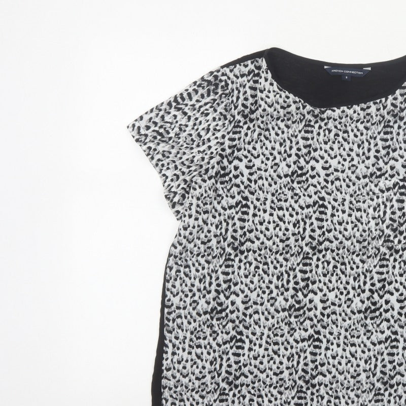 French Connection Women Black White S Animal Print Cap Sleeve Blouse