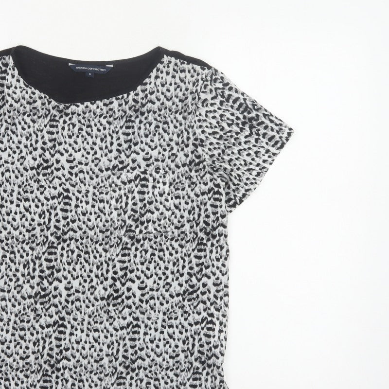 French Connection Women Black White S Animal Print Cap Sleeve Blouse