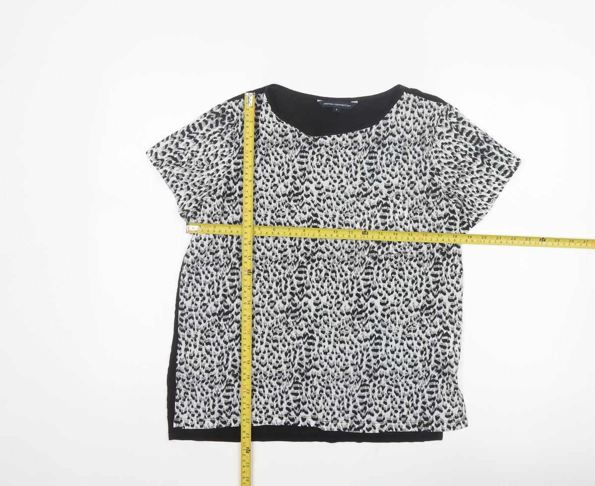 French Connection Women Black White S Animal Print Cap Sleeve Blouse