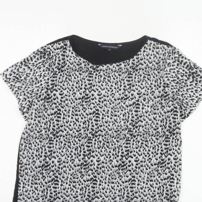 French Connection Women Black White S Animal Print Cap Sleeve Blouse