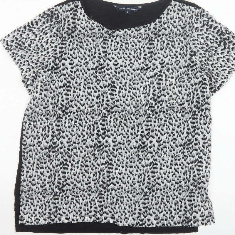 French Connection Women Black White S Animal Print Cap Sleeve Blouse
