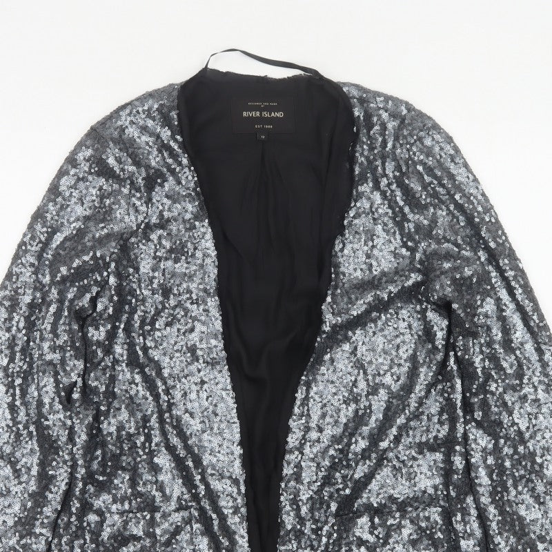 River Island Women’s Silver Sequin Open Party Jacket UK 12