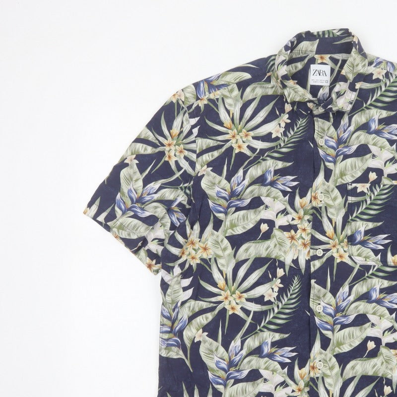 Zara Men Blue L Tropical Floral Hawaiian Short Sleeve Button-Up Shirt