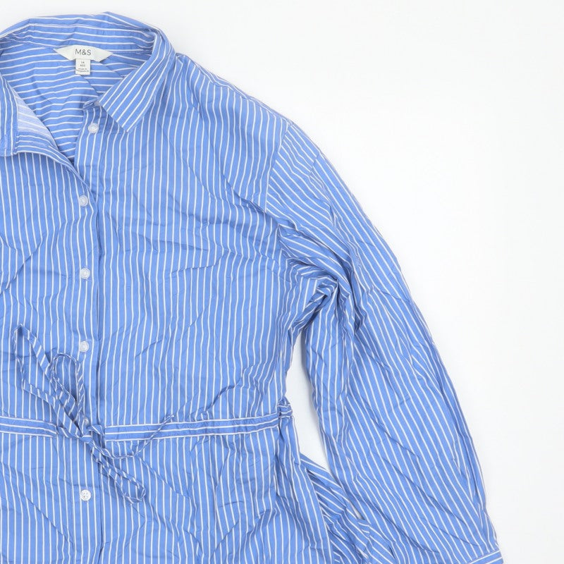 Marks & Spencer Women Blue Stripe UK 14 Tie Waist Button-Up Shirt