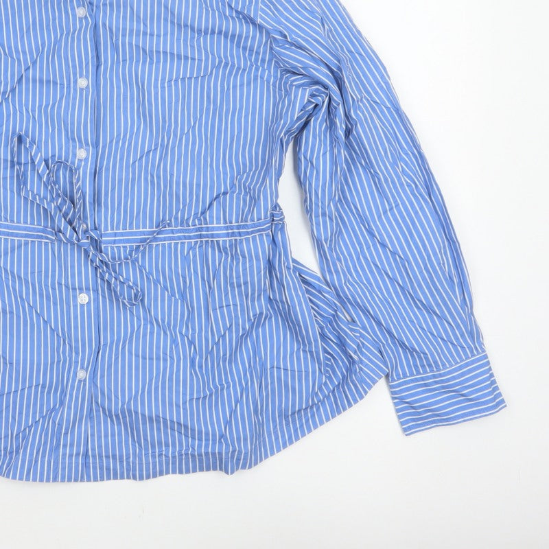 Marks & Spencer Women Blue Stripe UK 14 Tie Waist Button-Up Shirt