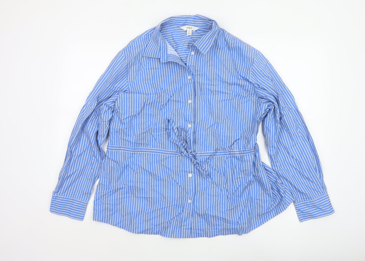 Marks & Spencer Women Blue Stripe UK 14 Tie Waist Button-Up Shirt