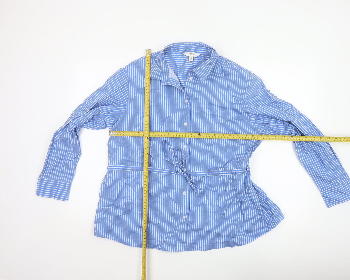Marks & Spencer Women Blue Stripe UK 14 Tie Waist Button-Up Shirt