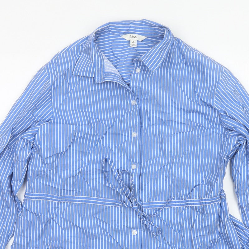 Marks & Spencer Women Blue Stripe UK 14 Tie Waist Button-Up Shirt
