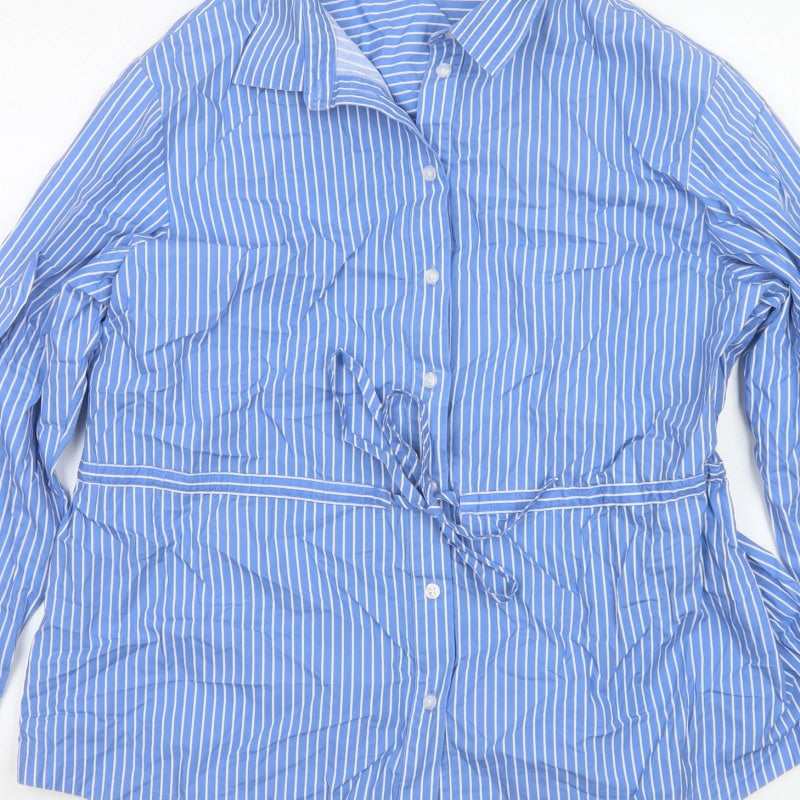 Marks & Spencer Women Blue Stripe UK 14 Tie Waist Button-Up Shirt