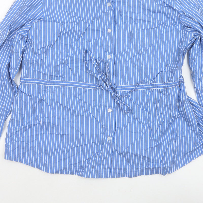 Marks & Spencer Women Blue Stripe UK 14 Tie Waist Button-Up Shirt