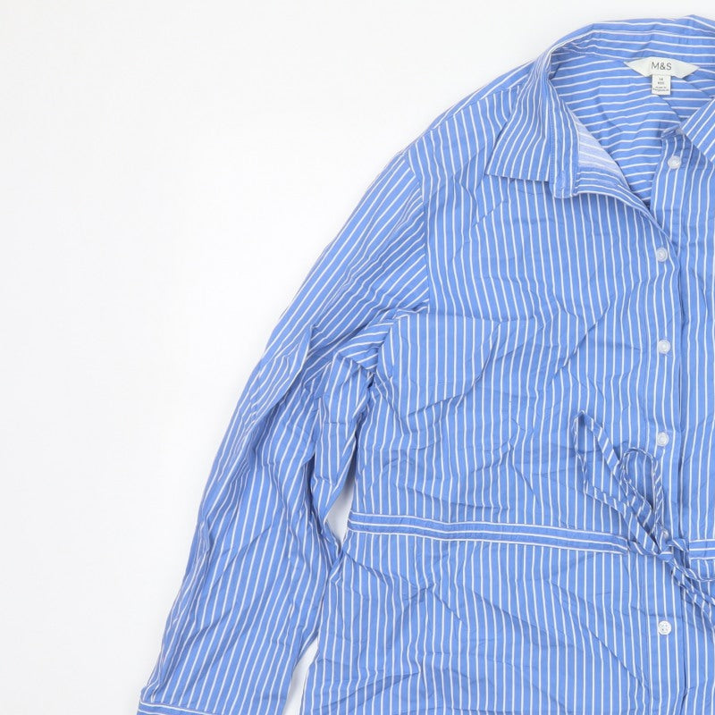 Marks & Spencer Women Blue Stripe UK 14 Tie Waist Button-Up Shirt