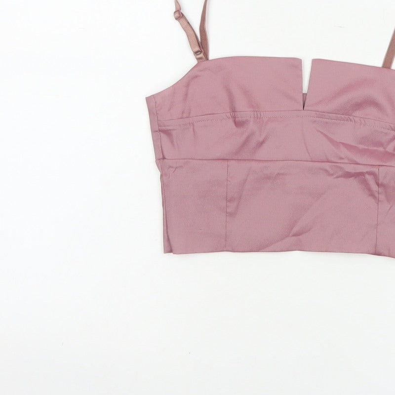 Miss Selfridge Women Pink UK 8 Cropped Satin Camisole Adjustable Strap Top