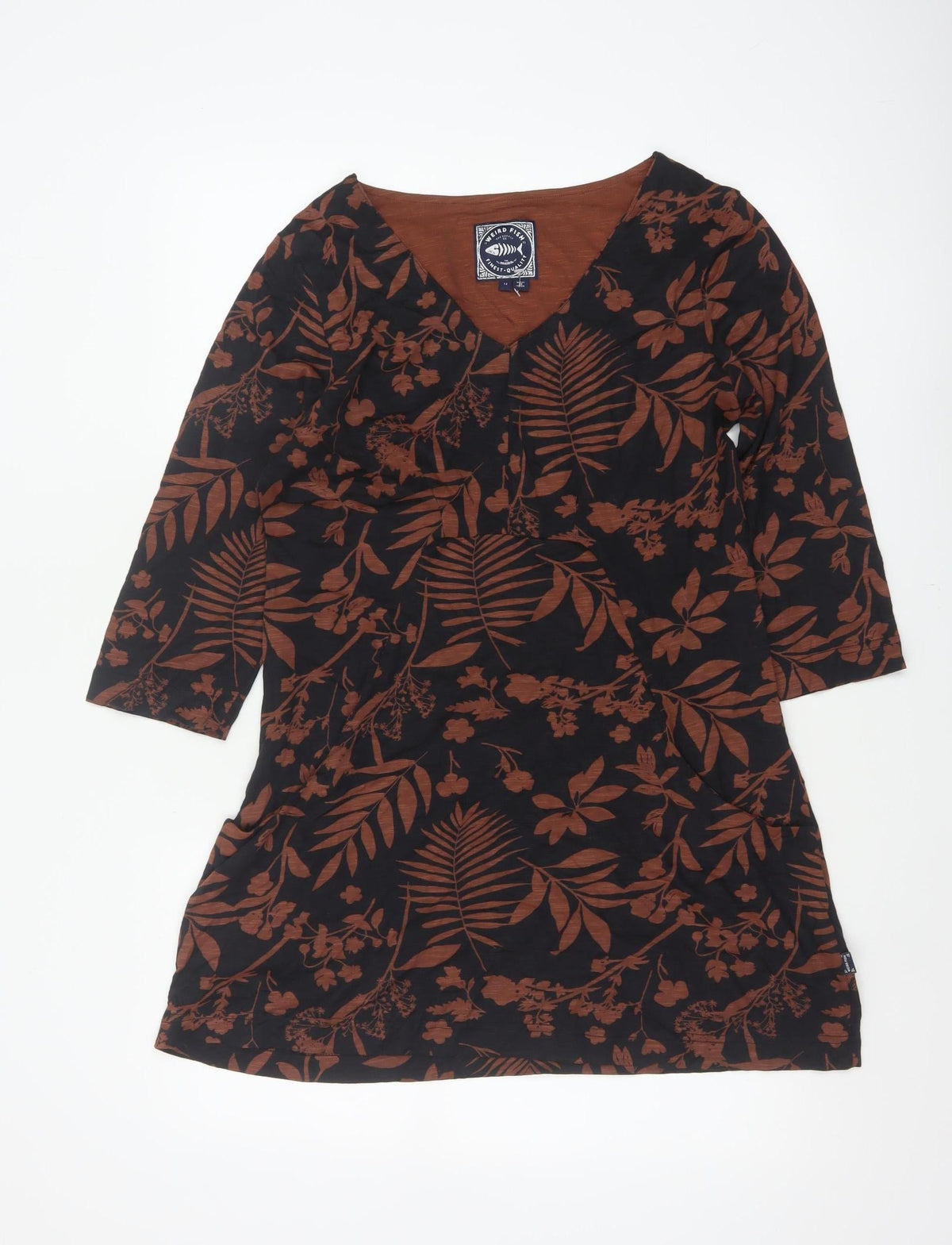 Weird Fish Women’s Black Brown Floral V-Neck Tunic Blouse UK 12