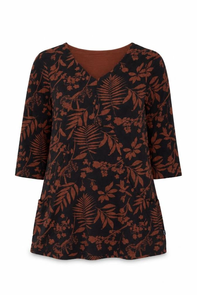 Weird Fish Women’s Black Brown Floral V-Neck Tunic Blouse UK 12