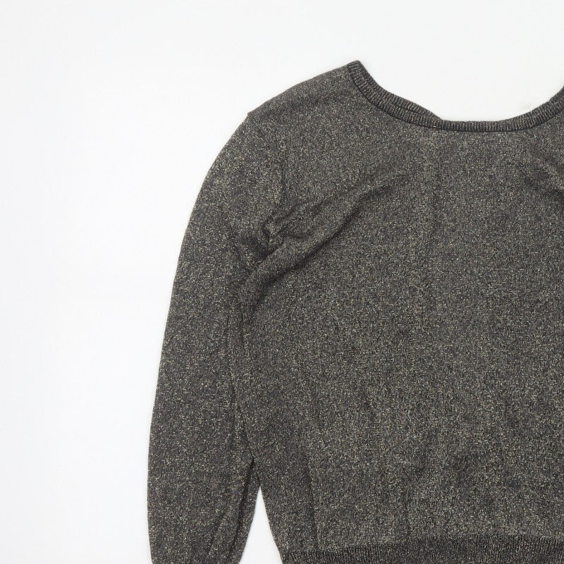 Softgrey Women Grey Metallic Knit Raglan Jumper UK 14 Round Neck