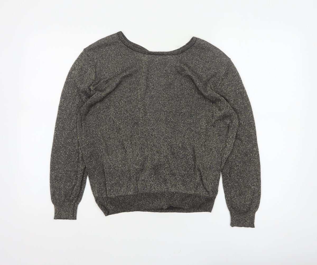 Softgrey Women Grey Metallic Knit Raglan Jumper UK 14 Round Neck