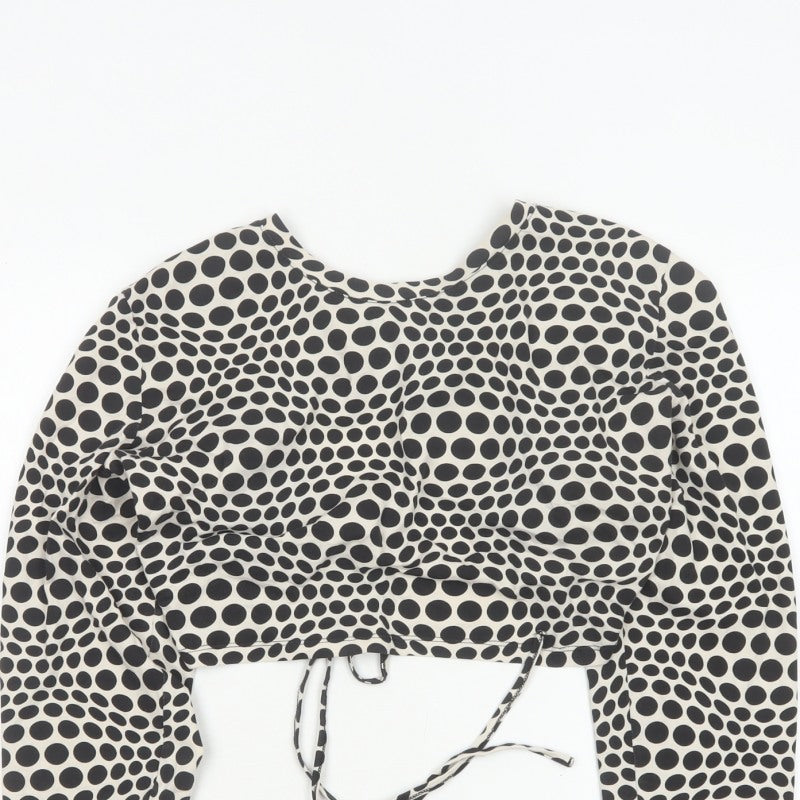 Monki Women Black & White Polka Dot 2XL Cropped Tie Back Blouse