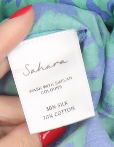 Sahara Women’s Blue Green Animal Print Silk Cotton Tunic Shirt UK 4