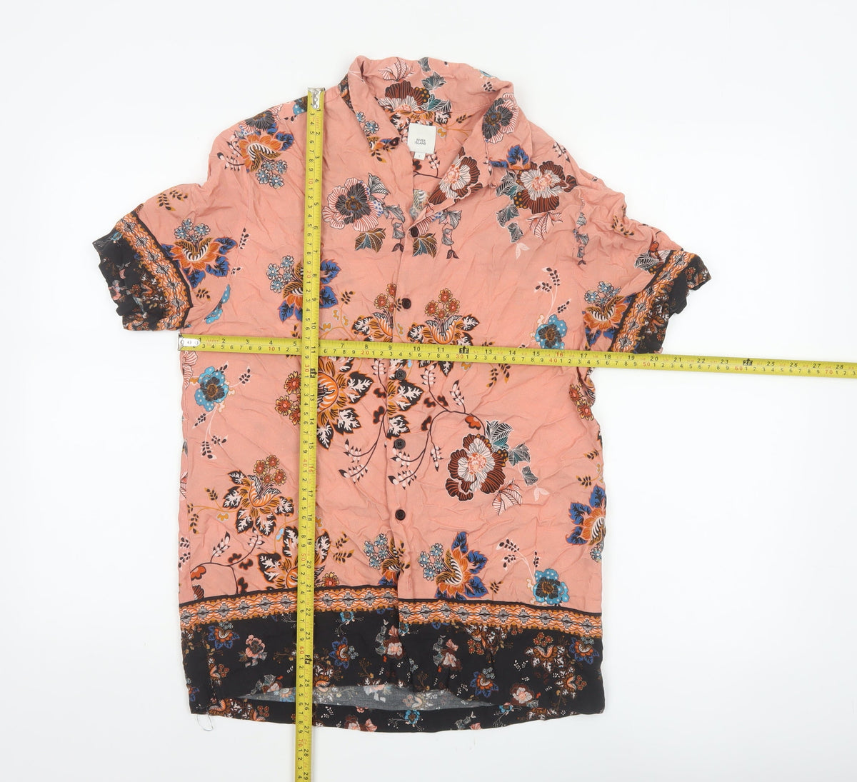 Close-up detail of River Island Men’s Pink S Floral Viscose Short Sleeve Button-Up Shirt