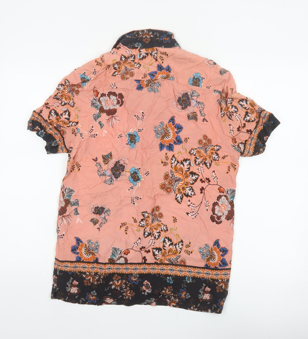 Brand and care label for River Island Men’s Pink S Floral Viscose Short Sleeve Button-Up Shirt