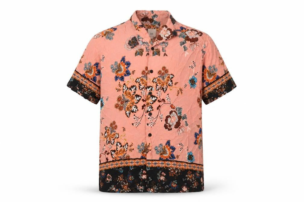 Front view of River Island Men’s Pink S Floral Viscose Short Sleeve Button-Up Shirt