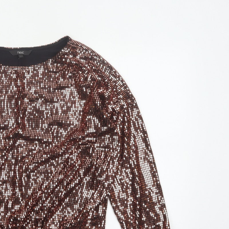 Next Women Brown Sequin Long Sleeve Round Neck Blouse UK 10 Party