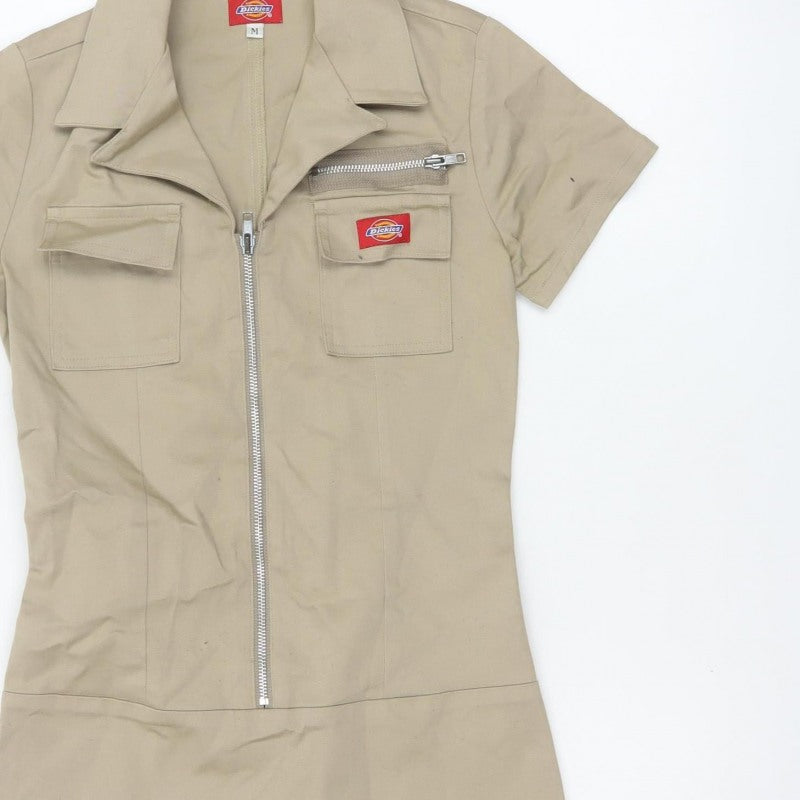 Dickies Women Beige M Workwear Shirt Dress Collared Zip Pockets