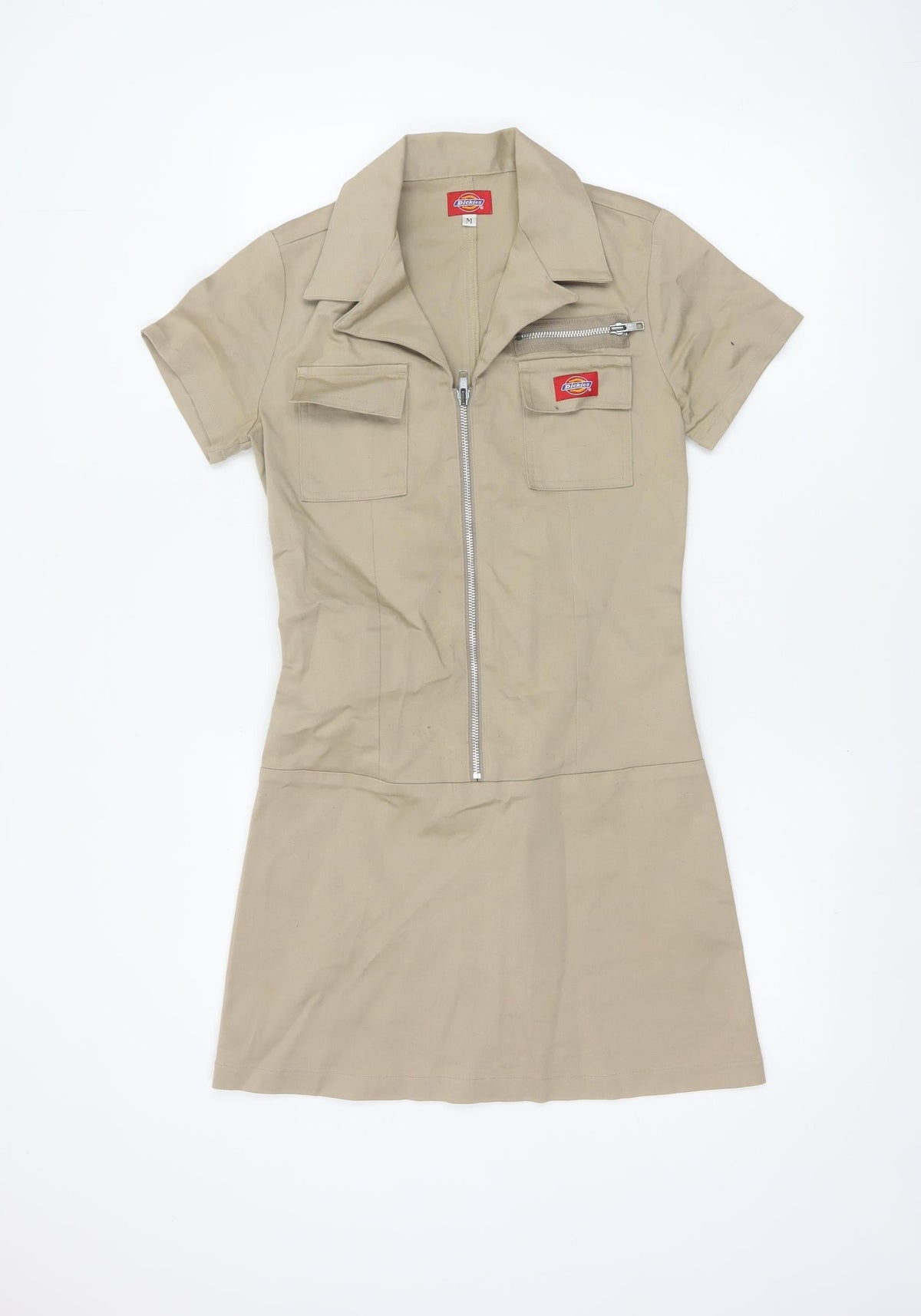 Dickies Women Beige M Workwear Shirt Dress Collared Zip Pockets