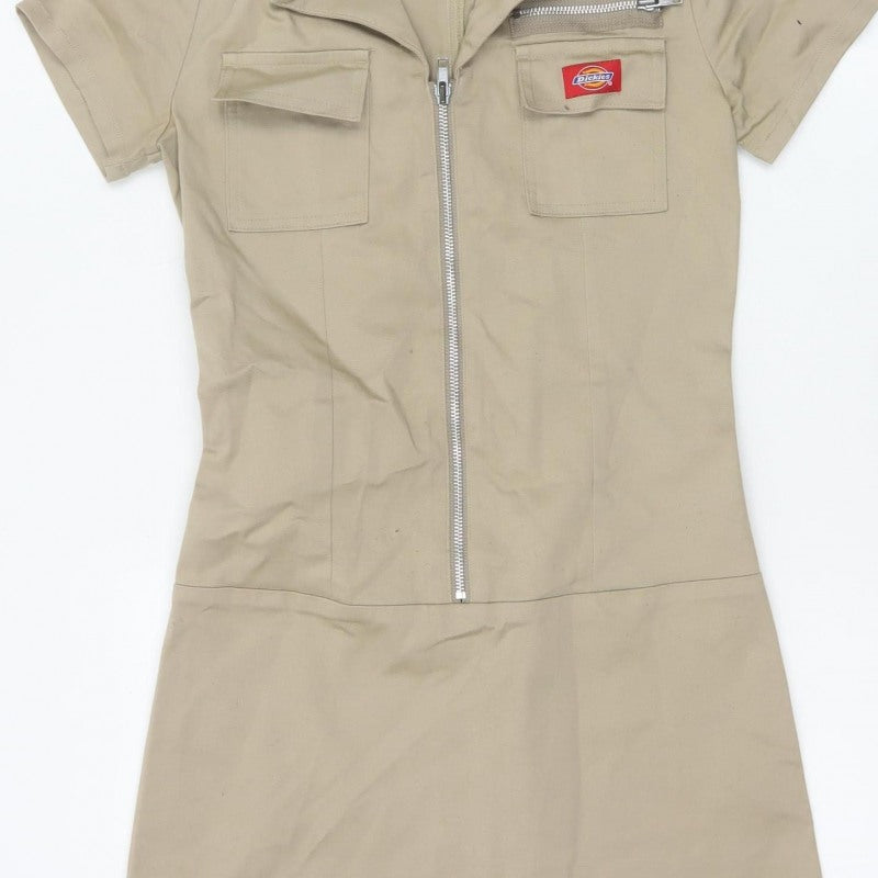 Dickies Women Beige M Workwear Shirt Dress Collared Zip Pockets