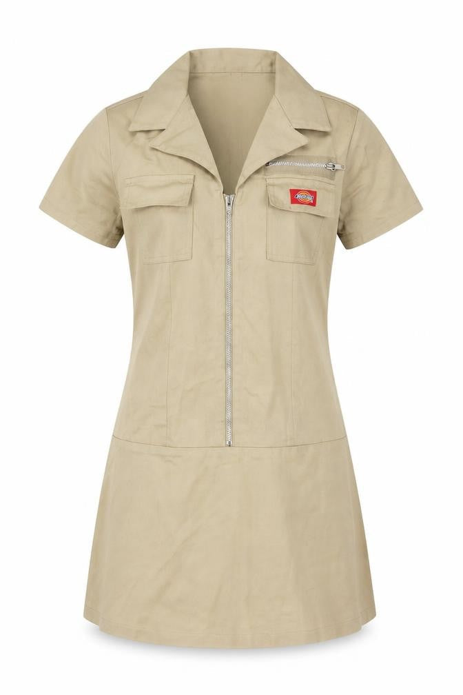 Dickies Women Beige M Workwear Shirt Dress Collared Zip Pockets