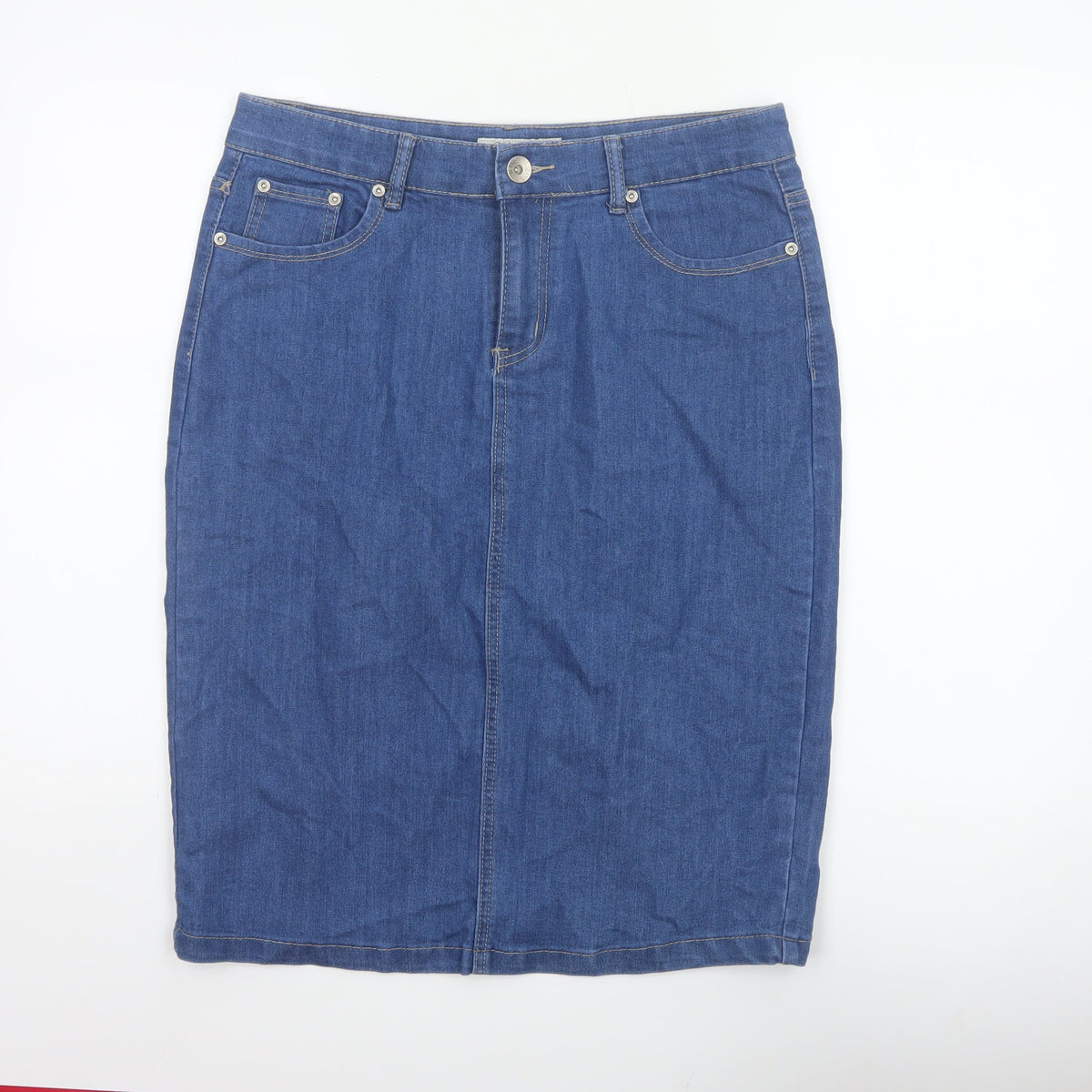 Vicky L Women Blue UK 14 Denim Pencil Knee Skirt Stretch Pockets