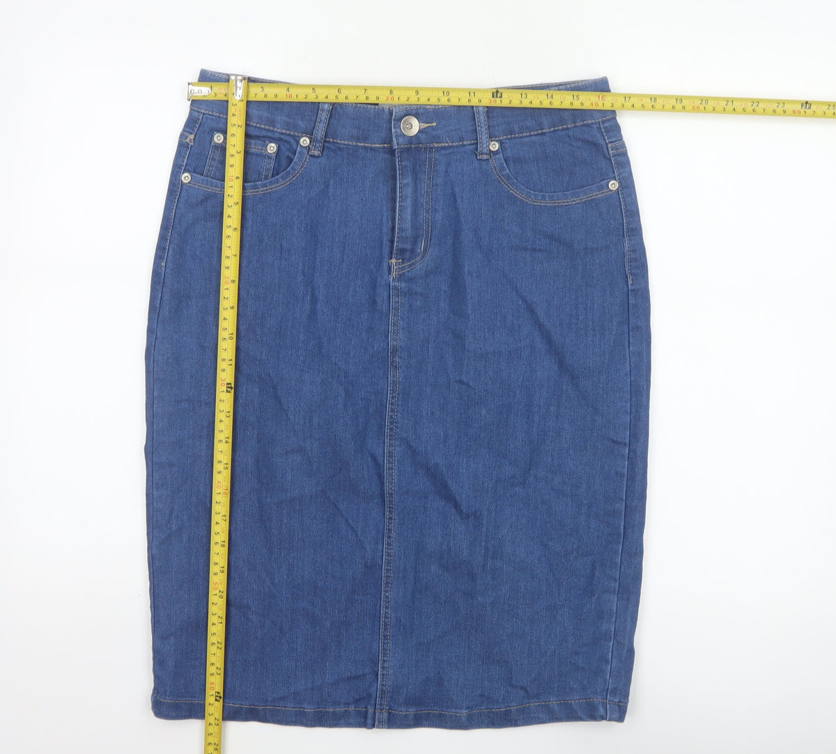 Vicky L Women Blue UK 14 Denim Pencil Knee Skirt Stretch Pockets