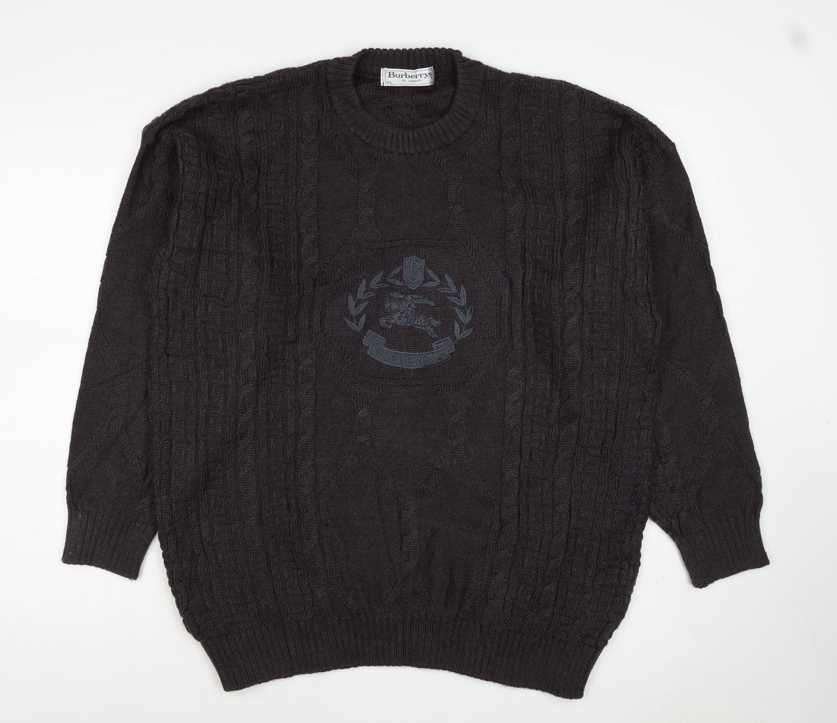Burberrys Men Black XL Cable Knit Logo Crew Neck Wool Jumper