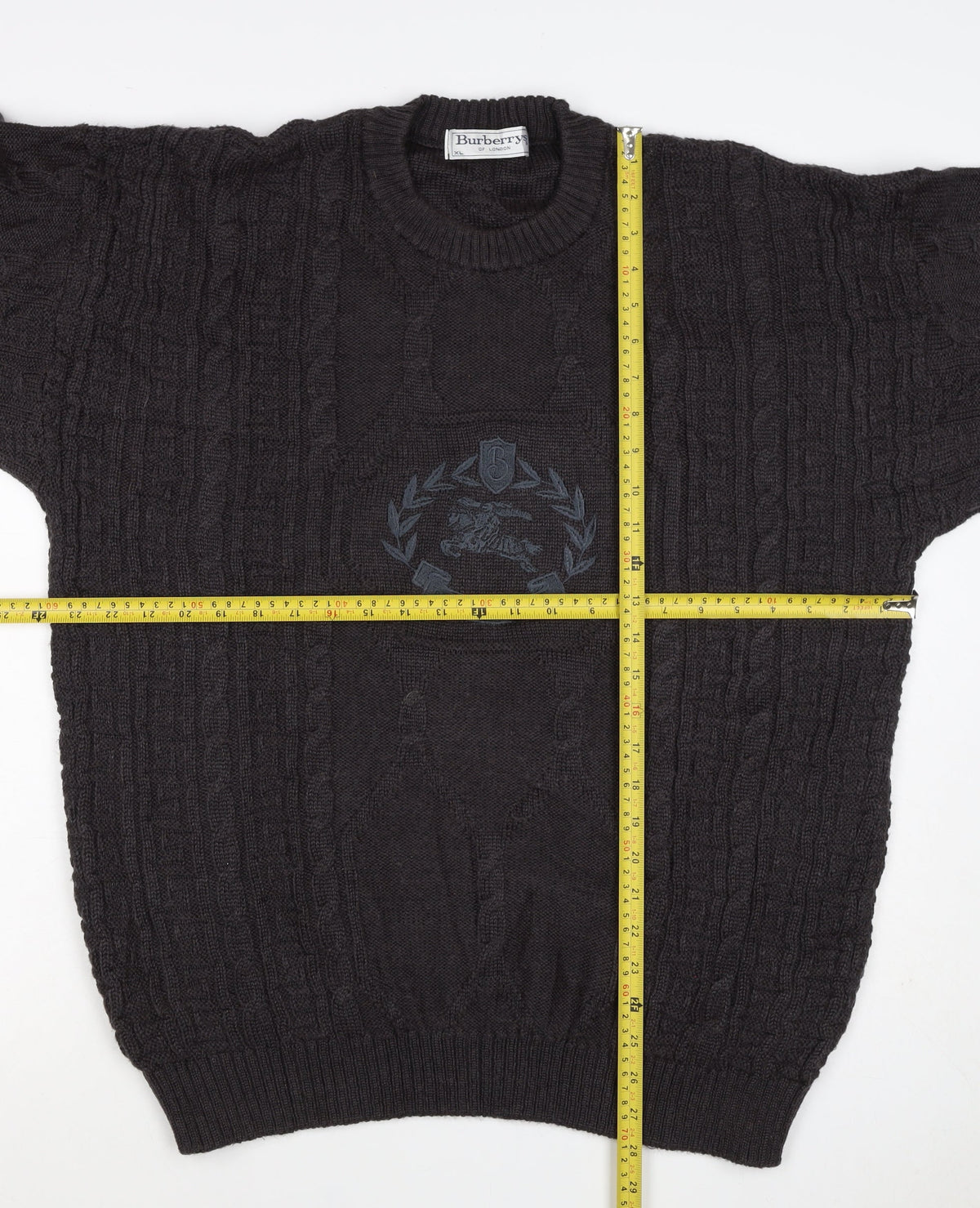 Burberrys Men Black XL Cable Knit Logo Crew Neck Wool Jumper