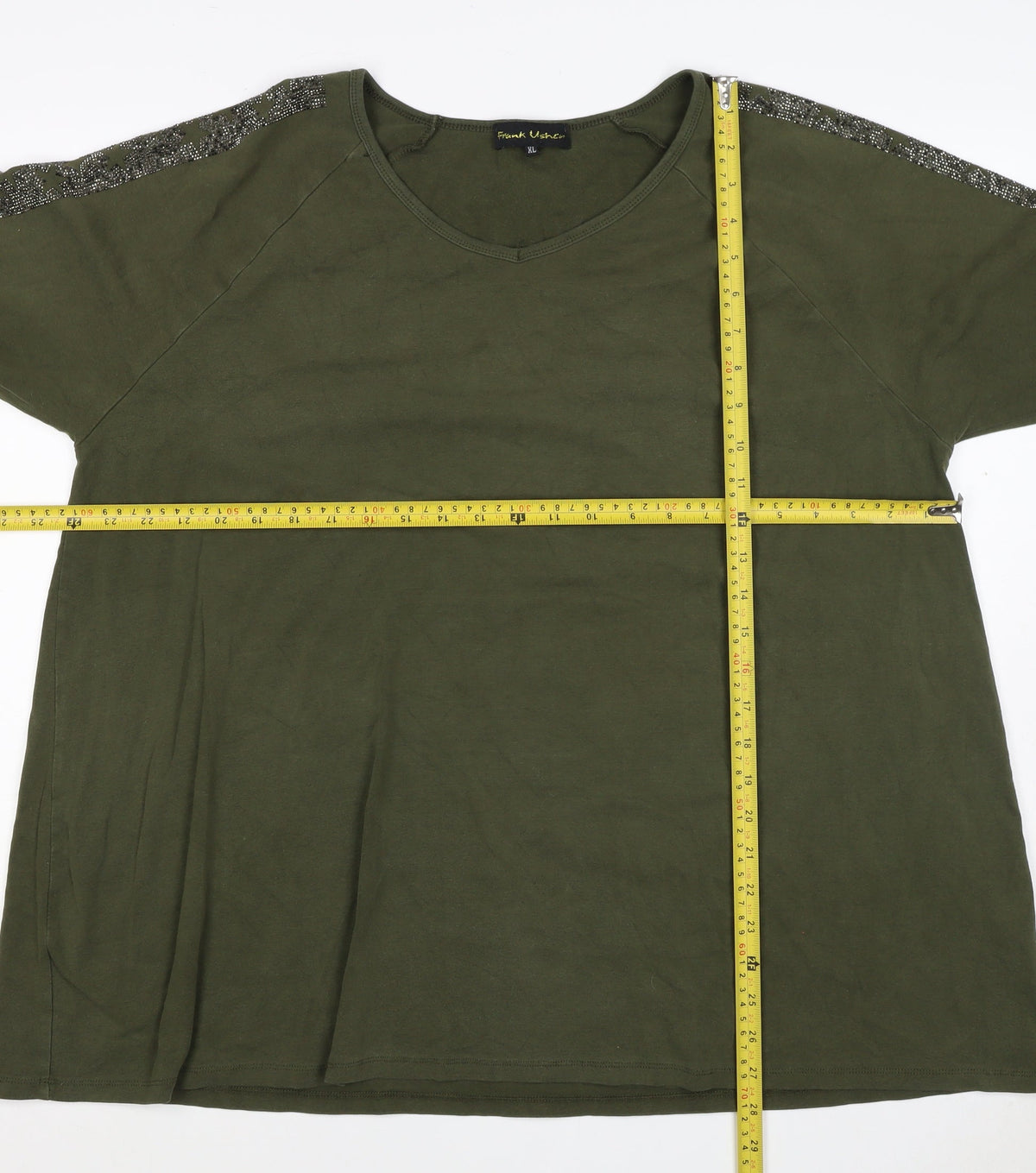 Frank Usher Women Green XL Star Rhinestone Raglan Jersey T-Shirt