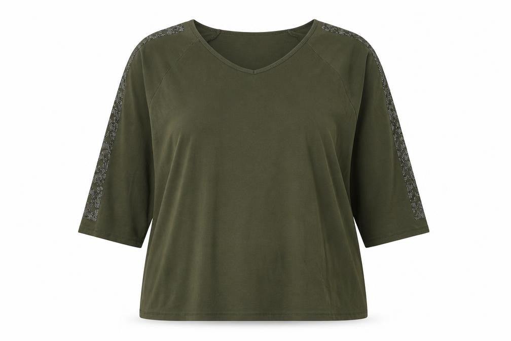 Frank Usher Women Green XL Star Rhinestone Raglan Jersey T-Shirt