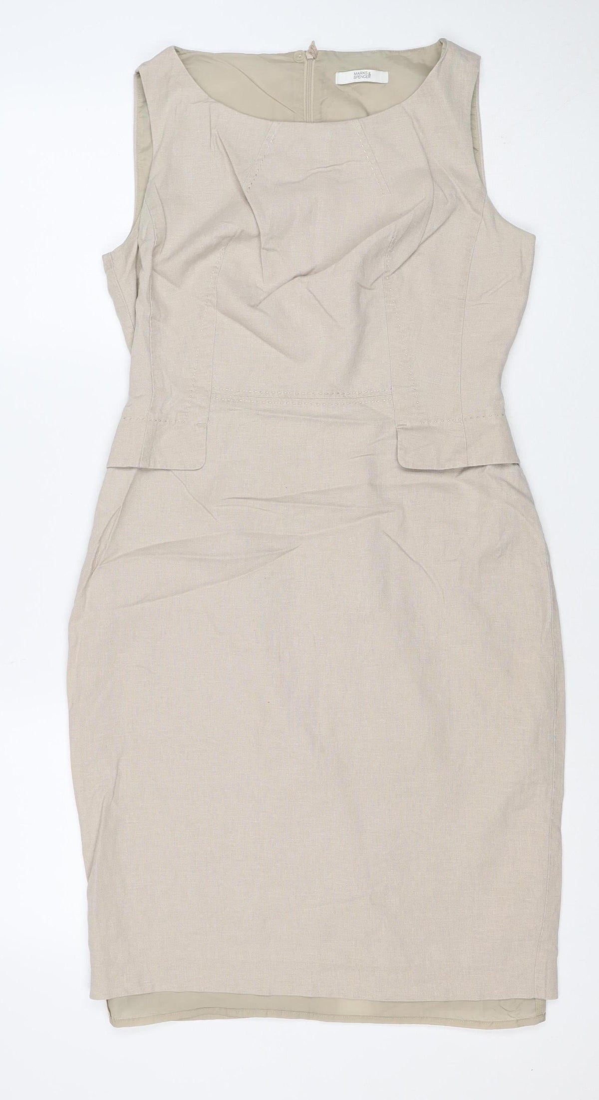 Marks & Spencer Women Beige Linen Blend Midi Sheath Dress UK 10