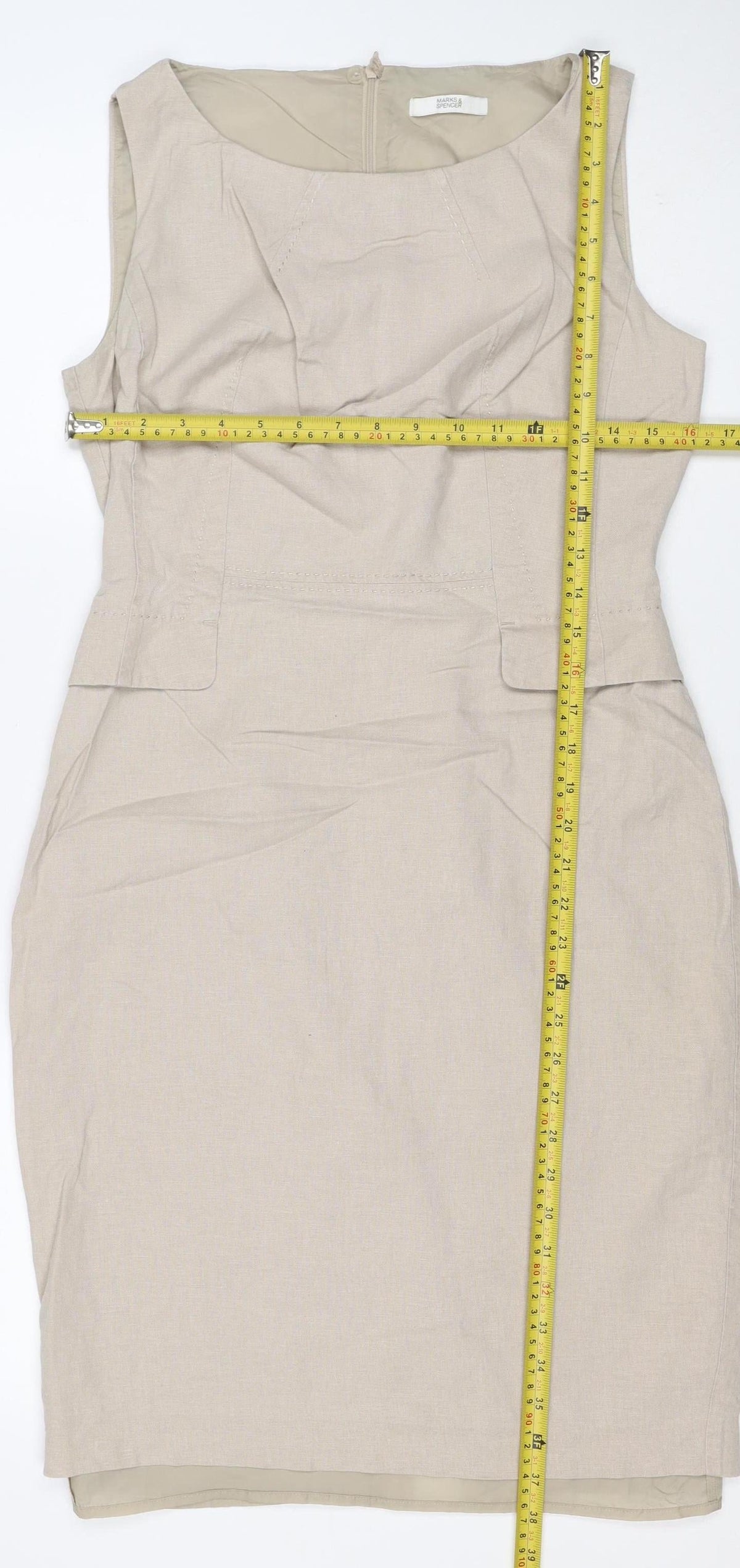 Marks & Spencer Women Beige Linen Blend Midi Sheath Dress UK 10