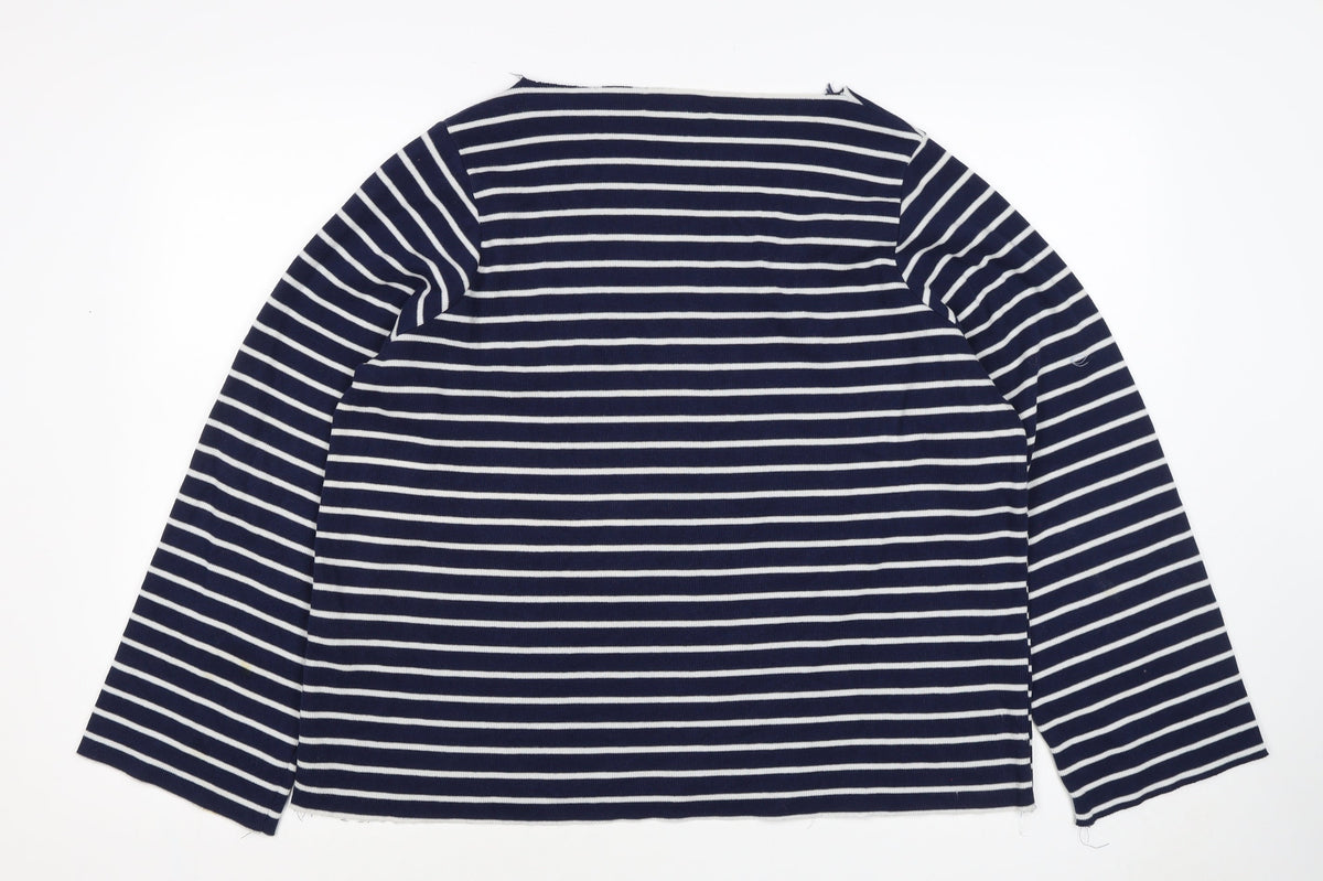 Zara Trafaluc Women Blue White M Striped Knit Boat Neck 3/4 Sleeve Top