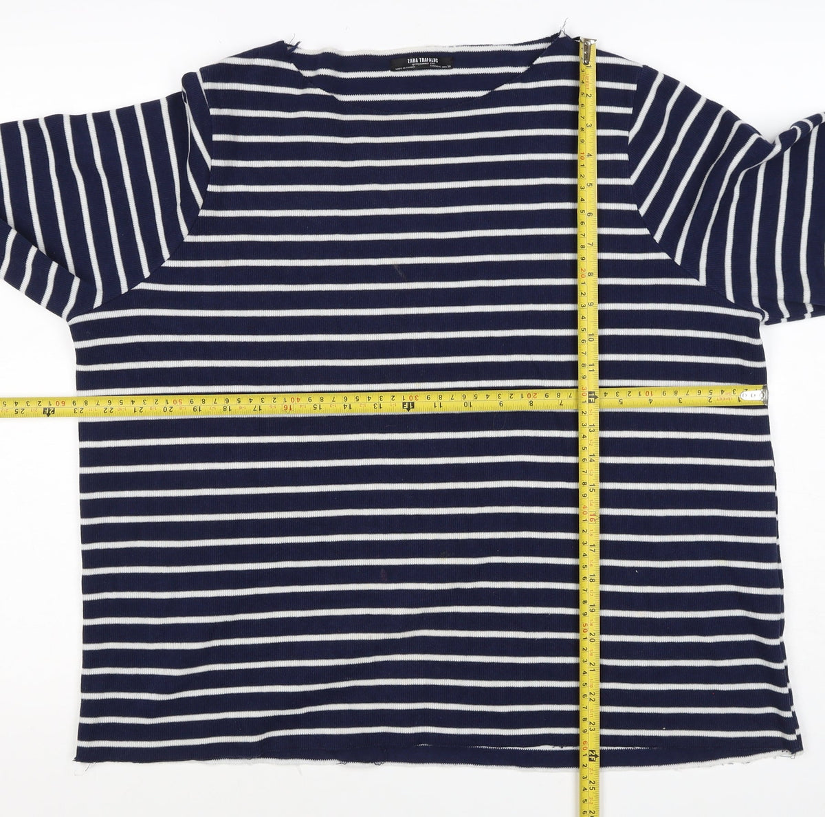 Zara Trafaluc Women Blue White M Striped Knit Boat Neck 3/4 Sleeve Top