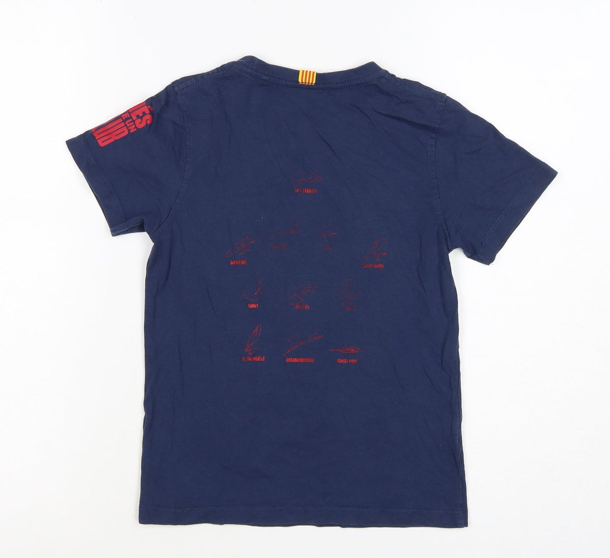 Close-up detail of FC Barcelona boys’ blue 6 years logo football graphic t-shirt