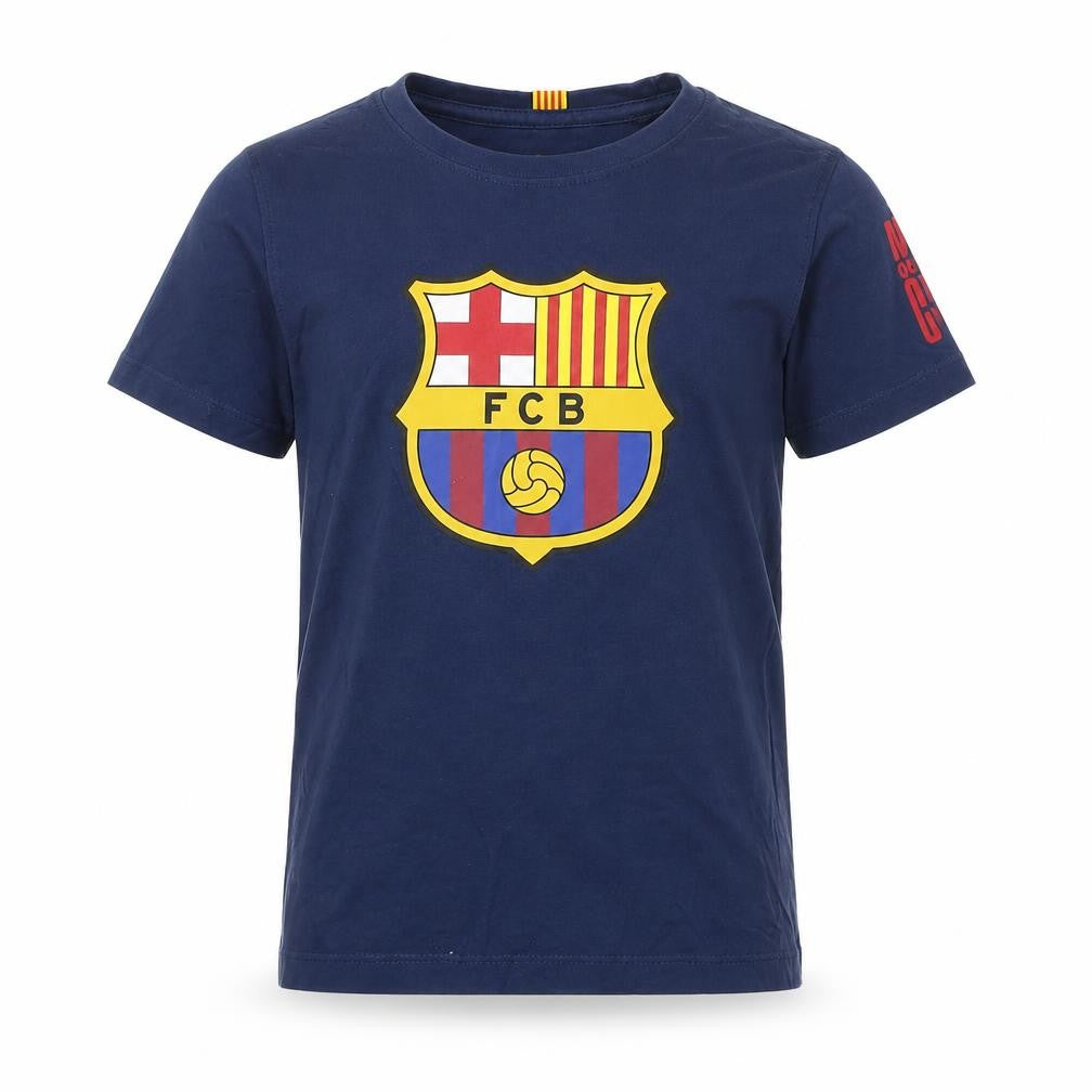 Front view of FC Barcelona boys’ blue 6 years logo football graphic t-shirt