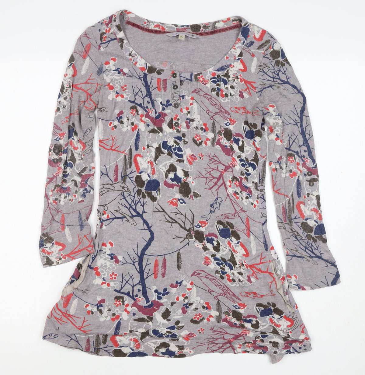 Cavalli Women’s Grey Floral Bird Henley Tunic Top Size 8