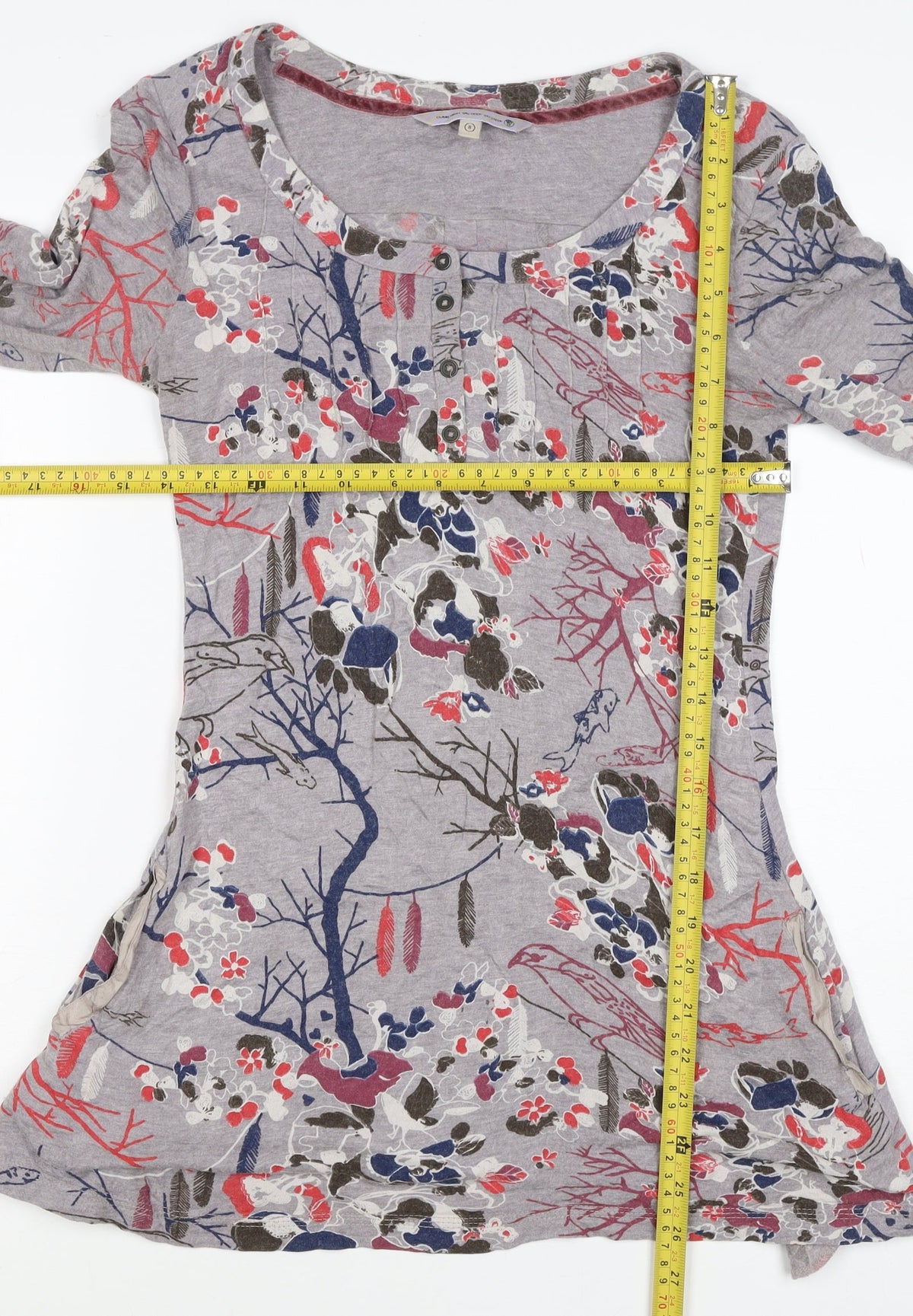 Cavalli Women’s Grey Floral Bird Henley Tunic Top Size 8