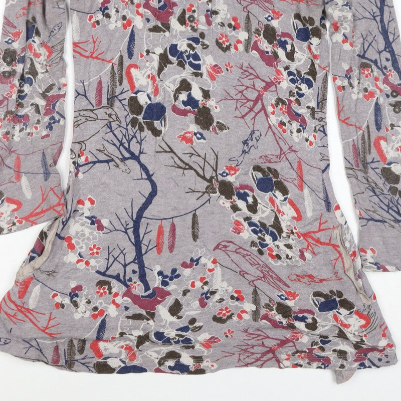 Cavalli Women’s Grey Floral Bird Henley Tunic Top Size 8