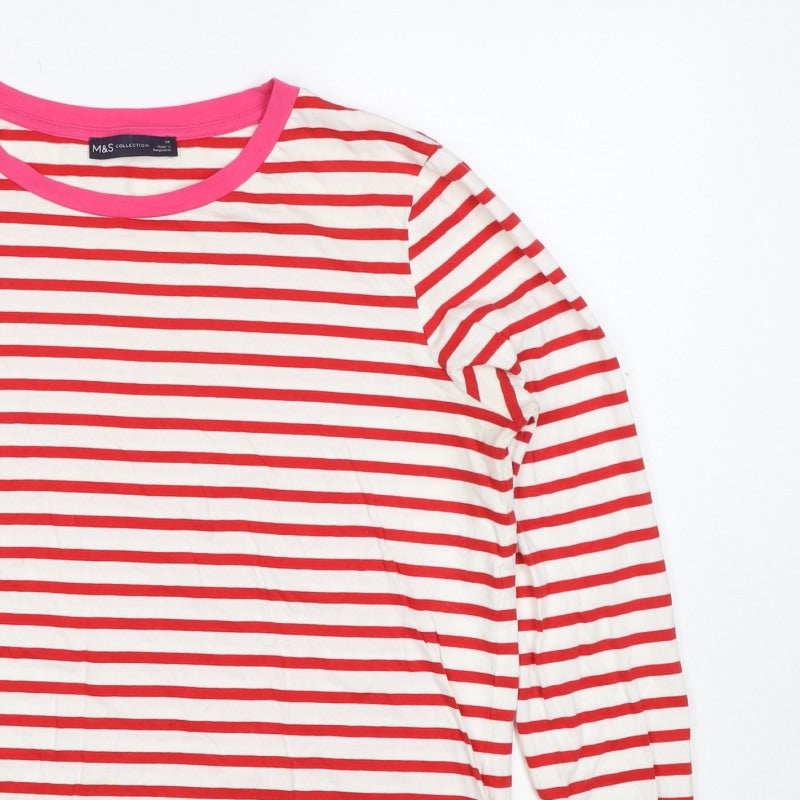 M&S Women Red White Stripe Long Sleeve Jersey T-Shirt UK 14