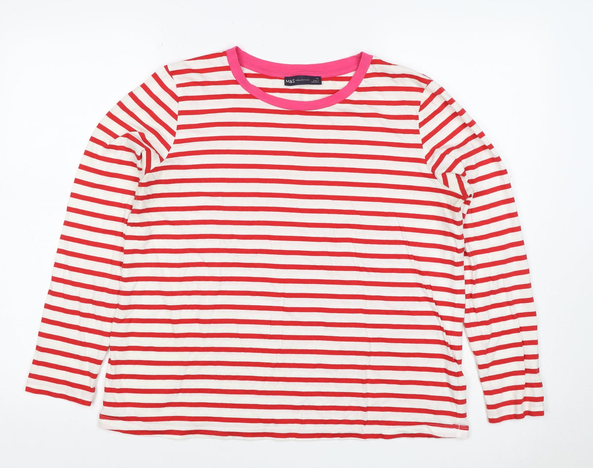 M&S Women Red White Stripe Long Sleeve Jersey T-Shirt UK 14