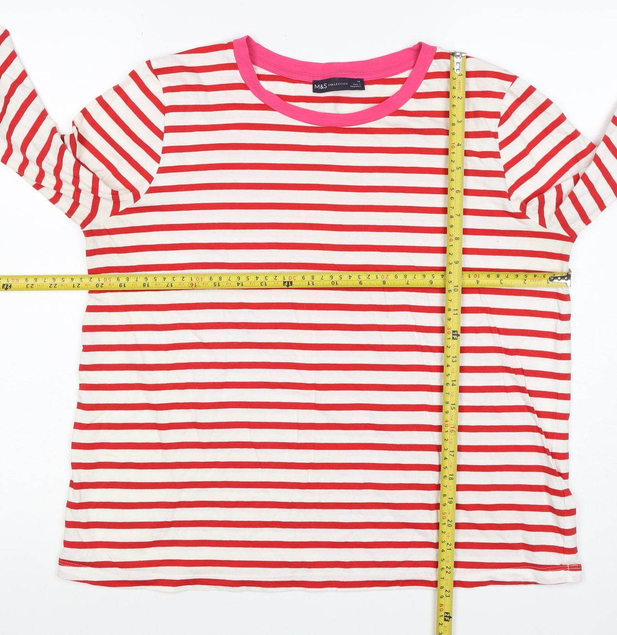 M&S Women Red White Stripe Long Sleeve Jersey T-Shirt UK 14